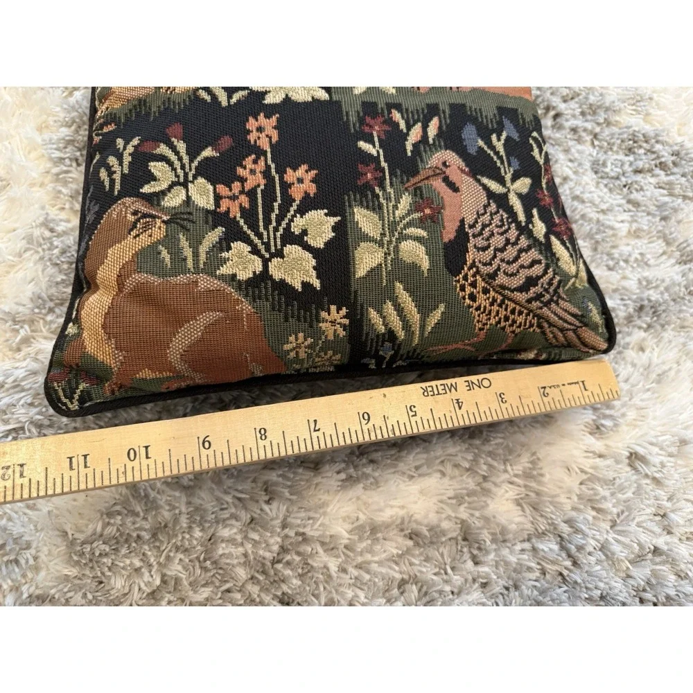 Vintage Millefleurs Tapestry Pillow Hunting Dog Rabbit Bird 12x12 Accent Cushion